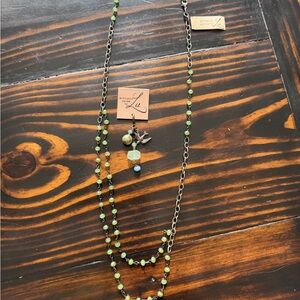 Artistic Works by Lu Green Beaded Necklace with Bird Charm Pendant